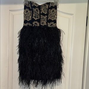 GIANNI BINI Black and Gold Baroque Feathered Pencil Strapless Dress